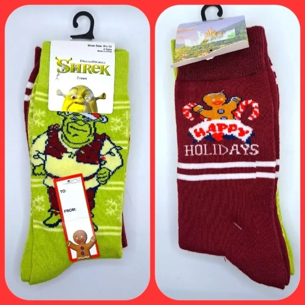 Shrek and Gingi crew holiday socks nwt 2 pair